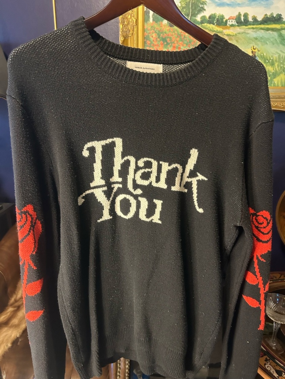 Urban Outfitters Black "Thank You" Knit Sweater with Red Rose Sleeves